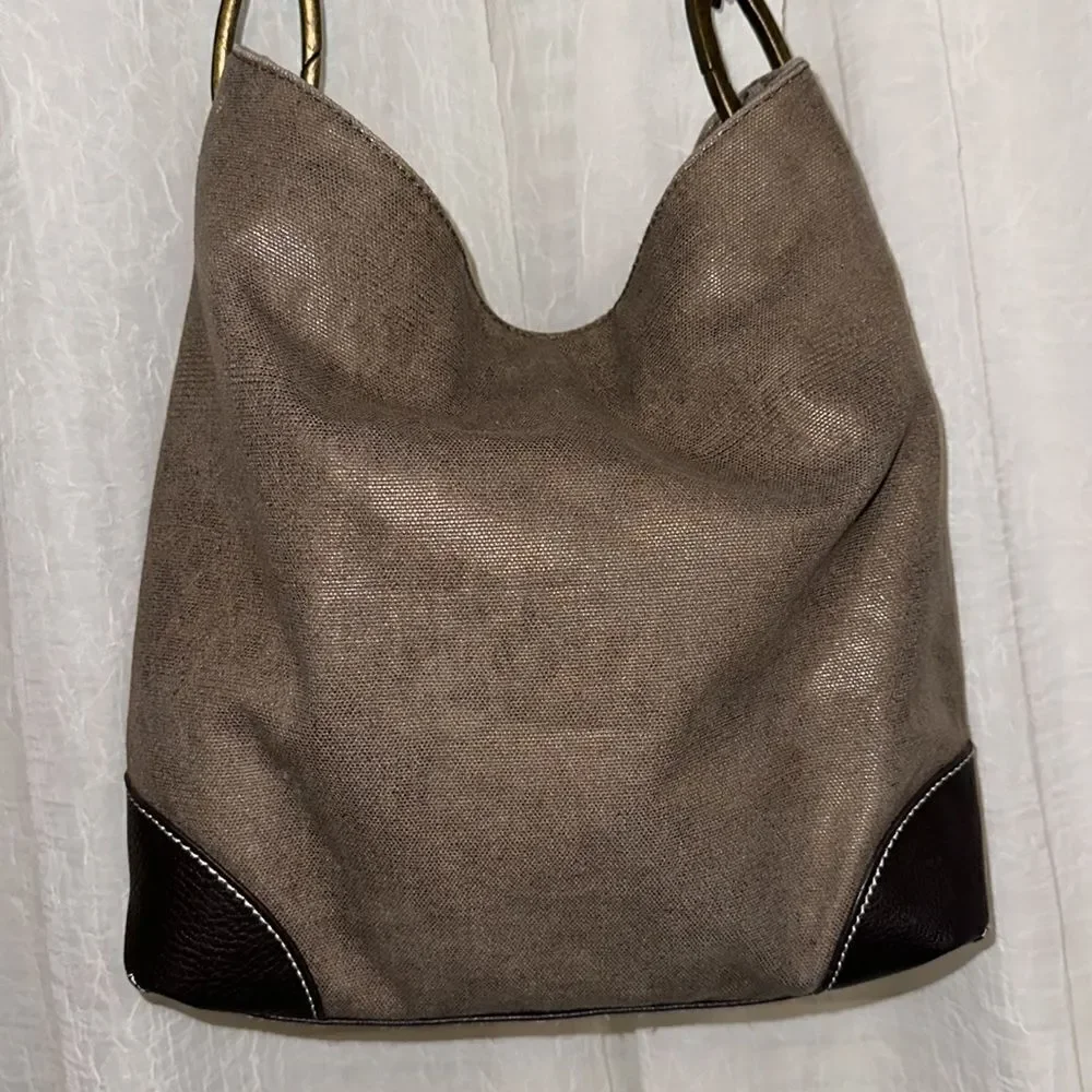 Braciano Metallic Canvas Tan Brown Leather Combo Hobo Shoulder Bag Purse